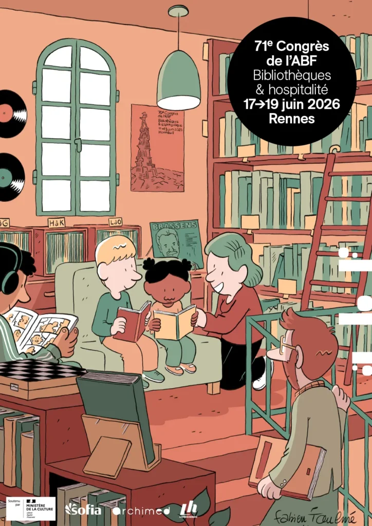 Affiche du 71ᵉ Congrès de l’ABF 2026 à Rennes illustrant une bibliothèque accueillante, avec des enfants lisant, des usagers et des rayonnages, autour du thème « Bibliothèques & hospitalité ».