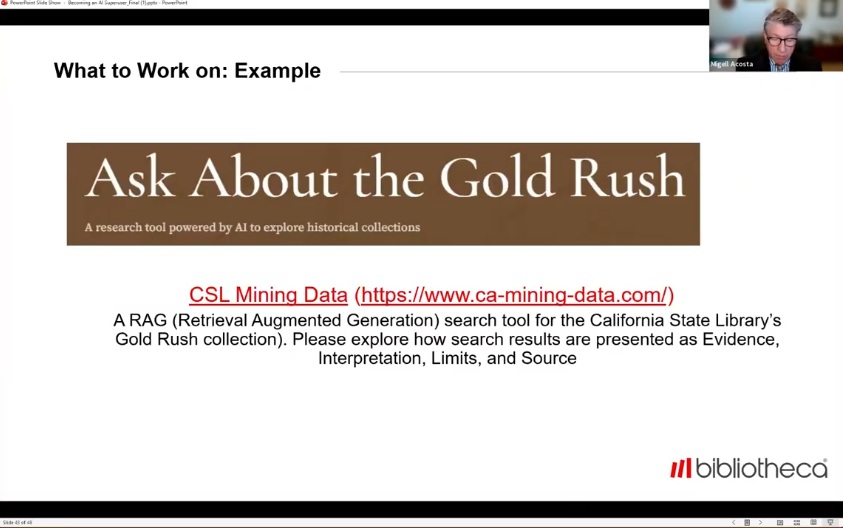 Slide introducing Ask About the Gold Rush, an AI-powered RAG search tool for the California State Library's Gold Rush collection