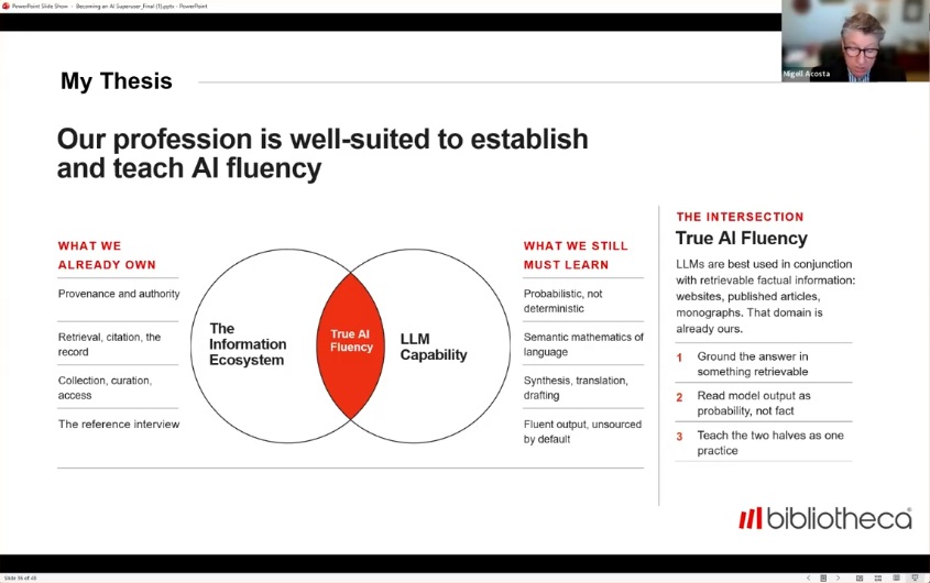 Venn diagram showing true AI fluency at the intersection of the information ecosystem librarians already know and the capabilities of large language models