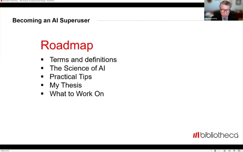 Webinar slide titled Roadmap listing terms and definitions, the science of AI, practical tips, Acosta's thesis, and what to work on