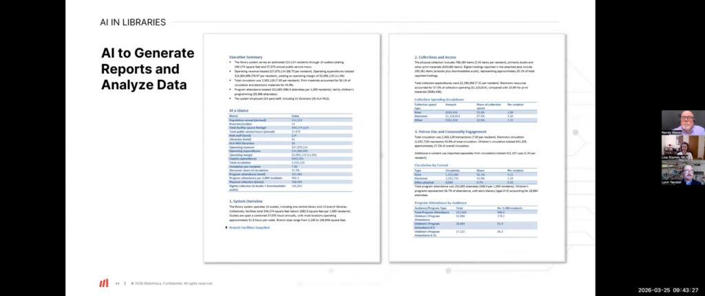 Slide showing artificial intelligence organizing library data into reports and identifying patterns