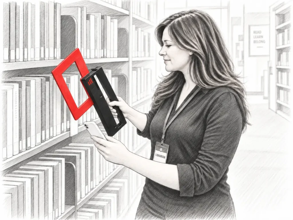 Librarian using an RFID inventory wand to scan books on library shelves