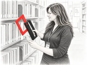 Librarian using an RFID inventory wand to scan books on library shelves