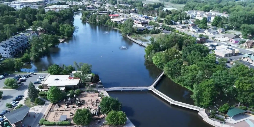 Aerial view of the Brighton tridge and Mill Pond in Brighton, Michigan