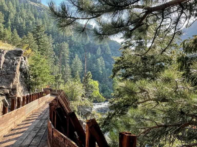 Clear Creek Canyon Park in Golden, Colorado, featuring river rapids, pine forest, and canyon landscape near Jefferson County