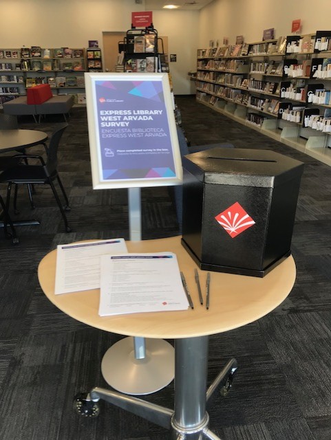 Patron survey table inside Jefferson County Public Library Express Library collecting community feedback
