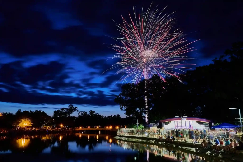 Fireworks over Brighton, Michigan at night