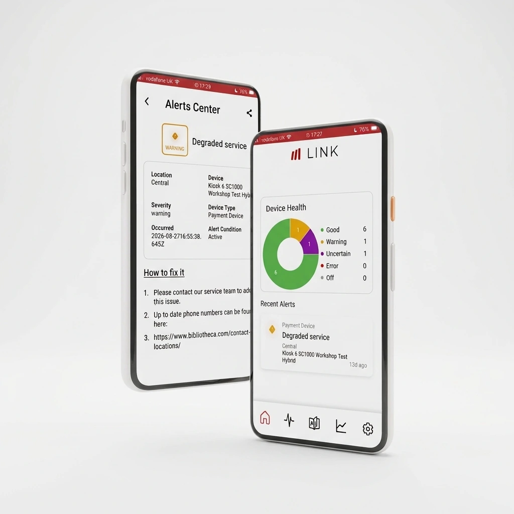libraryConnect LINK mobile app showing device health, alerts and Fix-It guidance