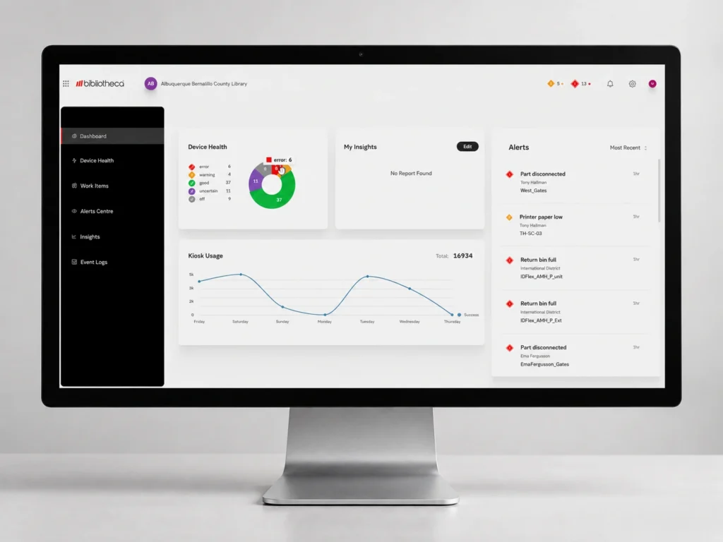 libraryConnect LINK dashboard showing device health, kiosk usage, insights and alerts