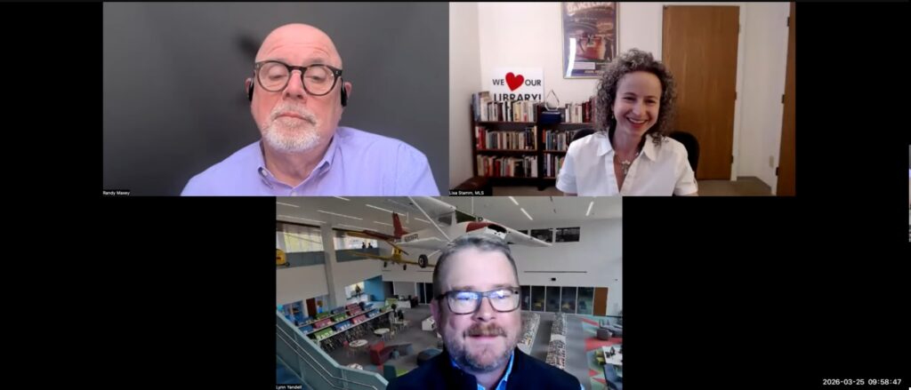 Webinar speakers discussing the role of artificial intelligence in libraries and addressing concerns about its impact