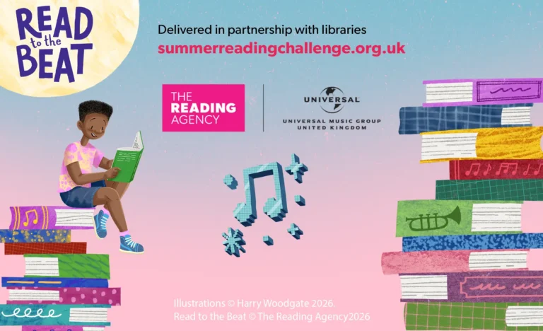 Summer Reading Challenge 2026 “Read to the Beat” promotional banner featuring illustrated children reading on colourful stacks of books, musical notes, and branding from The Reading Agency and Universal Music Group UK against a pastel blue and pink background.