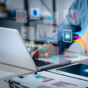 Extended Access 3 Person using AI tools and data visualizations on a laptop and tablet