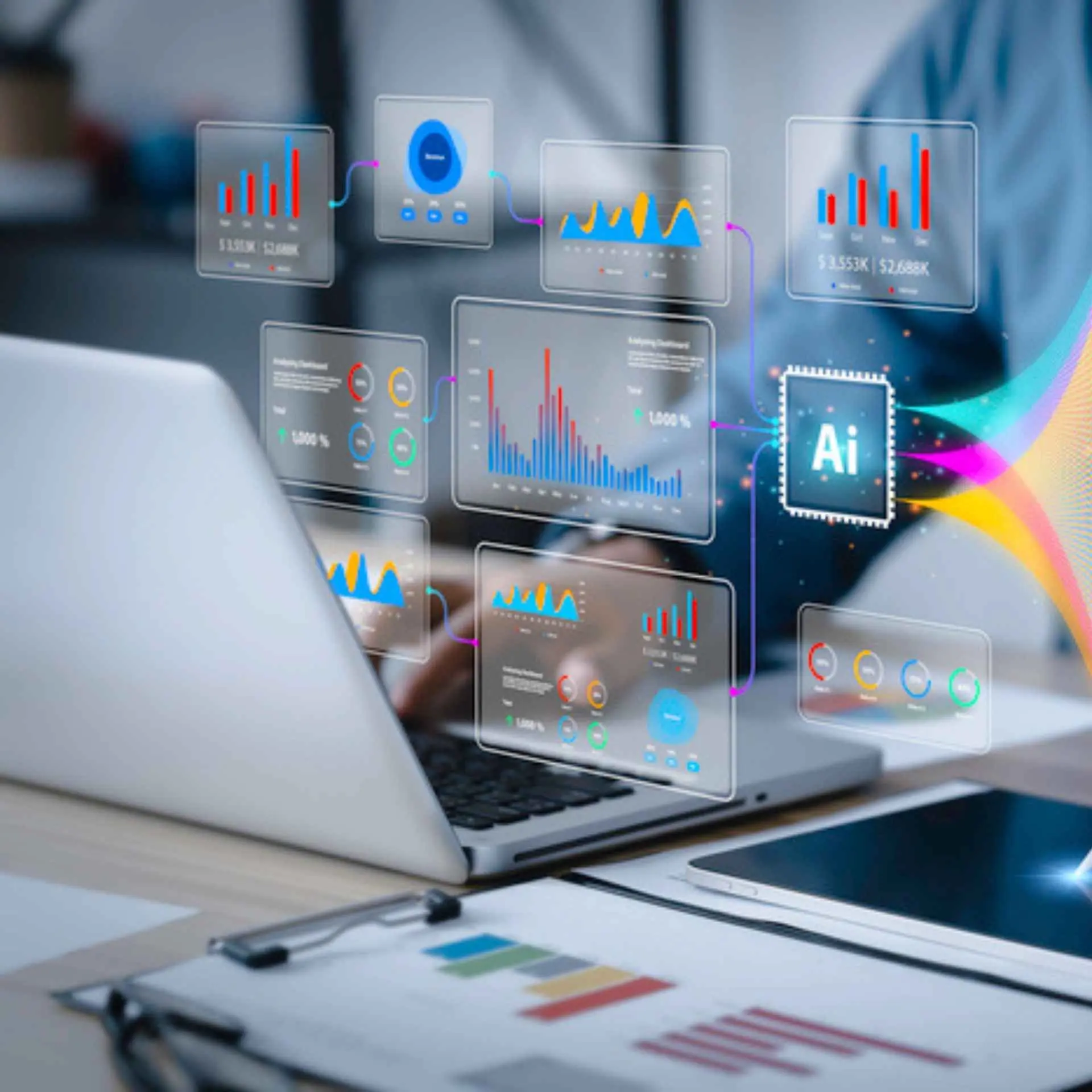 Person using AI tools and data visualizations on a laptop and tablet
