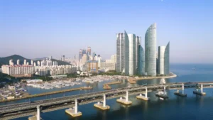 Aerial view of Busan’s waterfront skyline and marina in South Korea.