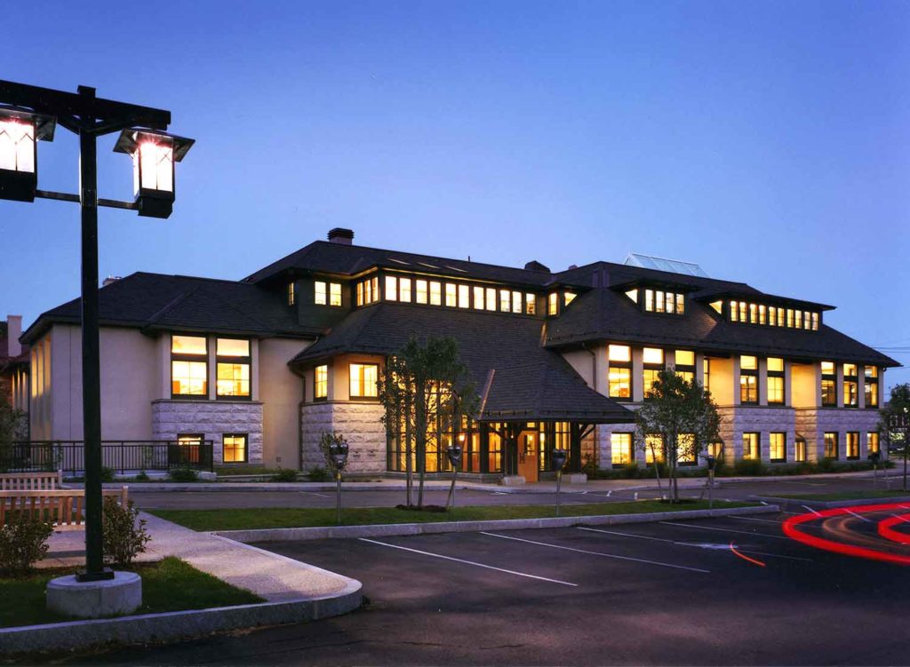 cary memorial library building exterior night skyg