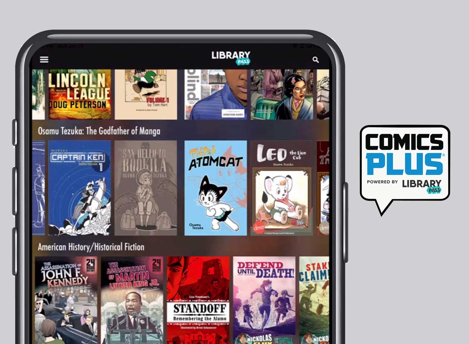 Product Portal 35 Comics Plus cover images on a smartphone