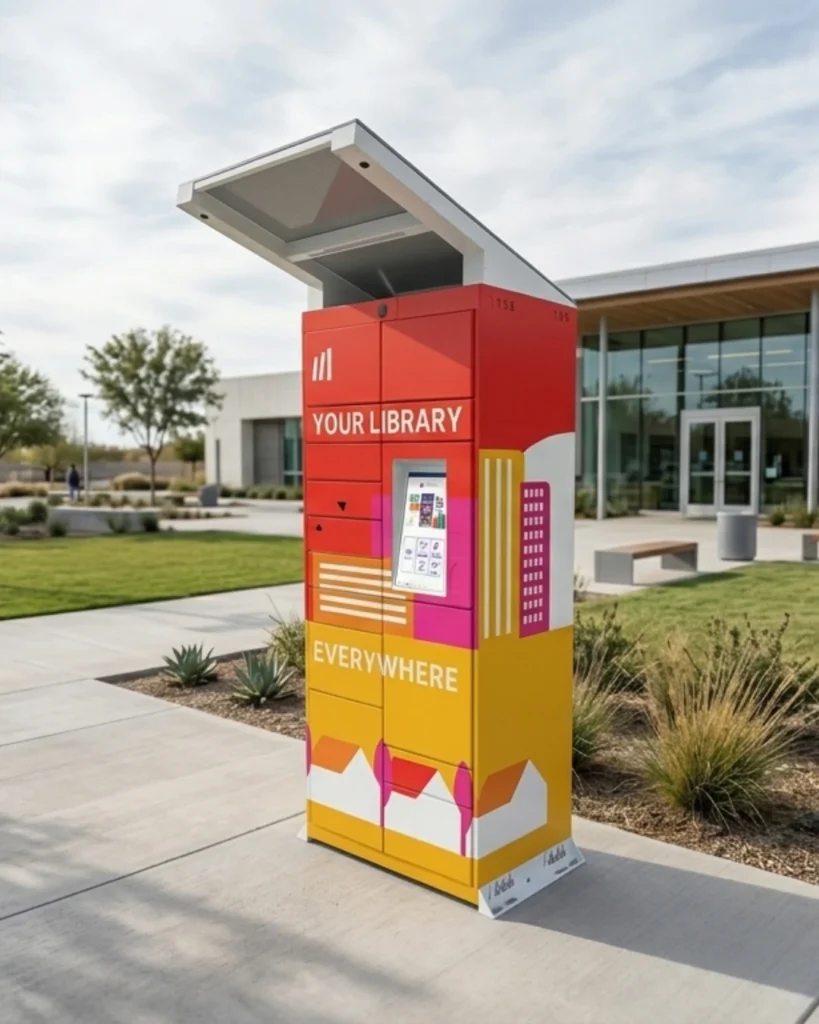 remoteLocker+ holds pickup locker installed outside a library with integrated touchscreen interface