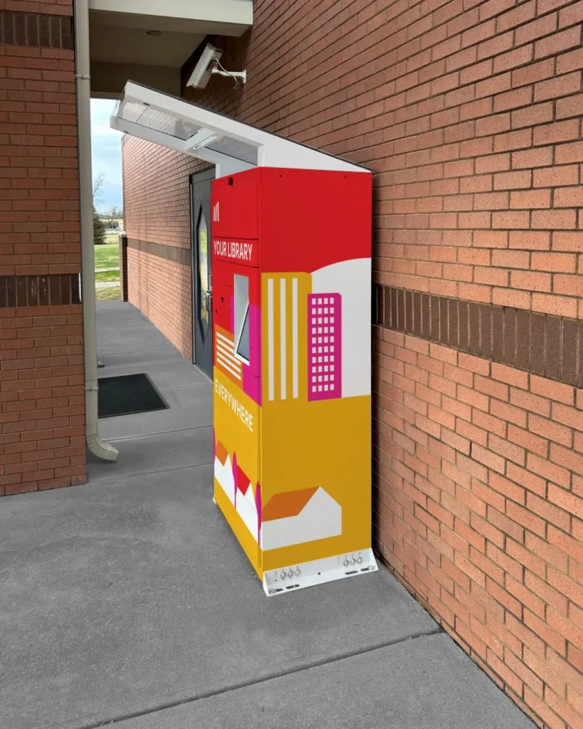 remoteLocker+ outdoor self-service locker for library holds pickup installed beside library building