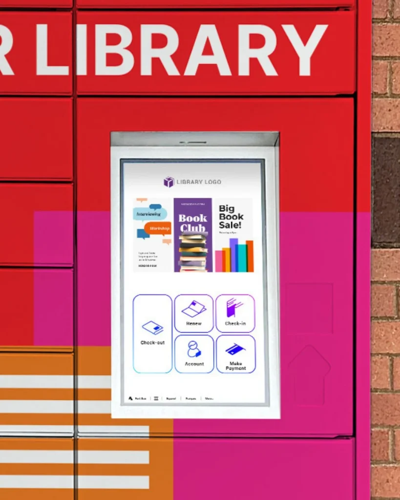 remoteLocker+ locker touchscreen interface showing quickConnect self-service options for library patrons