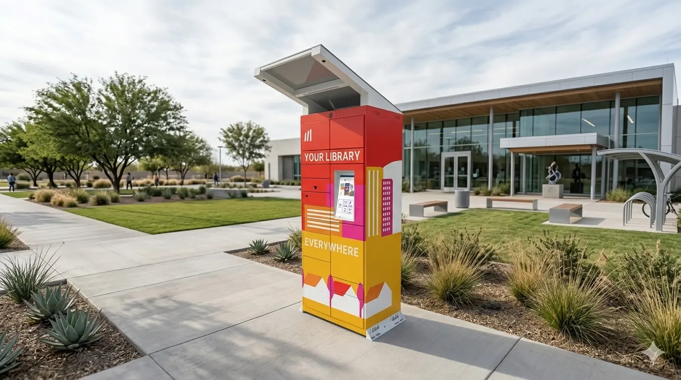 remoteLocker+ holds pickup locker installed outside a library with integrated touchscreen interface