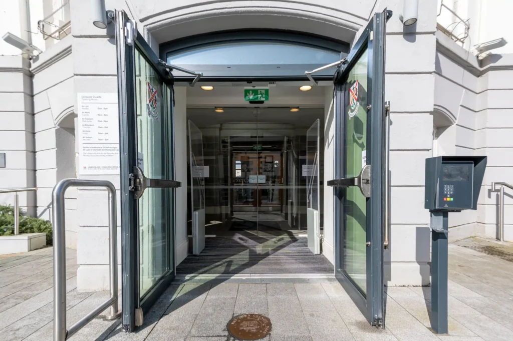 Bibliotheca open+ entrance at Naas Library providing secure and accessible access for library visitors.